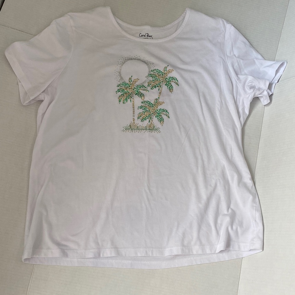 Coral Bay White T-Shirt with Rhinestone Palm Tree Design, Plus size 1X